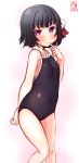  1girl alternate_costume artist_logo black_hair commentary_request competition_school_swimsuit covered_nipples dated finger_to_mouth hair_ribbon highres ishigaki_(kantai_collection) kanon_(kurogane_knights) kantai_collection looking_at_viewer one-piece_swimsuit red_eyes red_ribbon ribbon school_swimsuit short_hair signature simple_background smile solo swimsuit white_background white_ribbon 