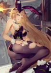  1girl absurdres animal_ears ass back backless_outfit bare_arms bare_back black_leotard blonde_hair blush bow breasts bunny_girl bunnysuit cubies_(tiger_205) detached_sleeves eyebrows_visible_through_hair eyewear_on_head fake_animal_ears furrowed_eyebrows girls_frontline green_eyes hair_between_eyes half-closed_eyes highleg highleg_leotard highres kneeling large_breasts leotard long_hair looking_at_viewer m1918_bar_(girls_frontline) necktie no_shoes open_mouth rabbit_ears sideboob solo strapless strapless_leotard sunglasses toes torn_clothes torn_legwear torn_leotard very_long_hair wrist_cuffs 