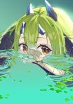 1girl air_bubble animal arknights bangs bird brown_eyes bubble chaoxi commentary_request curled_horns estelle_(arknights) eyebrows_visible_through_hair green_hair hair_between_eyes highres horns looking_at_viewer partially_submerged solo water wet