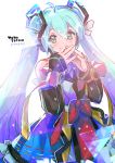 1girl 2018 arms_at_sides artist_name bare_shoulders blue_eyes blue_hair blurry blurry_foreground blush bokeh chris4708 colorful commentary_request depth_of_field detached_sleeves dress eyebrows_visible_through_hair fingernails fingers_to_mouth fingers_together hair_between_eyes happy hatsune_miku highres light_particles long_hair looking_away magical_mirai_(vocaloid) multicolored multicolored_clothes multicolored_dress pink_ribbon ribbon simple_background sleeveless sleeveless_dress smile solo standing star starry_background translated twintails upper_body very_long_hair vocaloid white_background 
