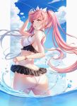  1girl absurdres ass bangs bare_shoulders bikini blue_sky blush breasts clouds day fate/grand_order fate_(series) floating_hair from_behind highres lalazyt long_hair looking_at_viewer looking_back medb_(fate)_(all) medb_(swimsuit_saber)_(fate) medium_breasts open_mouth outdoors pink_hair revision sky solo swimsuit tiara twintails very_long_hair wading white_bikini yellow_eyes 