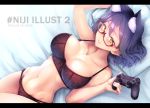  animal_ear_fluff animal_ears arm_up black_bra black_panties blue_hair blush bra breasts collarbone controller dualshock dutch_angle game_controller gamepad glasses highres kemonomimi_mode large_breasts letterboxed looking_at_viewer lying mole mole_under_eye navel nijisanji on_back panties parted_lips red-framed_eyewear semi-rimless_eyewear shizuka_rin short_hair smile under-rim_eyewear underwear underwear_only yellow_eyes 