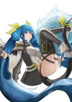  1girl angel_wings ass black_legwear blue_hair bow breasts buckle dizzy flasso green_bow guilty_gear highres large_breasts long_hair parted_lips red_eyes simple_background solo tail twintails white_background white_footwear wings 