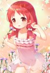  1girl absurdres arms_up brown_eyes commentary_request dress flower gochuumon_wa_usagi_desu_ka? hair_bobbles hair_ornament highres long_hair natsu_megumi open_mouth pink_dress redhead see-through_silhouette short_dress smile solo sundress taku_michi 