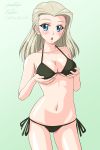  1girl :o artist_name bikini blonde_hair blue_eyes blush breast_hold breasts clara_(girls_und_panzer) commentary cowboy_shot dated girls_und_panzer green_background green_bikini long_hair looking_at_viewer matsui_yasutsugu medium_breasts navel open_mouth side-tie_bikini signature simple_background solo standing swimsuit 