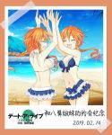  2girls bangs bikini breasts closed_eyes date_a_live drill_hair large_breasts long_hair medium_breasts multiple_girls open_mouth orange_hair ponytail postcard siblings sisters swimsuit tied_hair tsunako yamai_kaguya yamai_yuzuru 