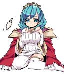  1girl awakening_(sennen_sensou_aigis) blue_eyes blue_hair boots cape detached_sleeves feathers hand_on_own_chest liana_(sennen_sensou_aigis) looking_at_viewer nemui_(nemui) sennen_sensou_aigis simple_background sitting smile solo thigh-highs thigh_boots tiara wariza white_background 