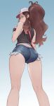  1girl ass bare_shoulders baseball_cap blue_background blue_eyes blush brown_hair cheshirrr commentary denim denim_shorts from_behind from_below hat high_ponytail highres long_hair looking_at_viewer pokemon ponytail short_shorts shorts simple_background solo touko_(pokemon) wristband 