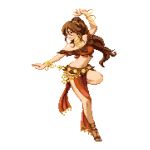  1girl arm_up bangle bracelet brown_hair commentary dancer hair_between_eyes jewelry long_hair midriff navel necklace octopath_traveler pixel_art pixelflag ponytail pose primrose_azelhart sandals simple_background standing standing_on_one_leg white_background 