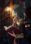  1boy backlighting bangs blue_eyes book bookshelf candle commentary_request fire_emblem fire_emblem:_three_houses garreg_mach_monastery_uniform green_hair hair_over_shoulder hair_ribbon hand_on_own_chin holding holding_book indoors library linhardt_von_hevring long_hair long_sleeves low_ponytail male_focus open_book parted_bangs reading ribbon school_uniform signature solo suda_ayaka upper_body white_ribbon 