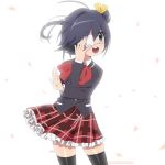  1girl ahoge black_hair black_legwear blazer blue_eyes chuunibyou_demo_koi_ga_shitai! commentary contact_lens contrapposto cowboy_shot english_commentary eyepatch jacket jojo_pose kyoto_animation moe nashirasauce one_side_up open_mouth pantyhose plaid plaid_skirt pleated_skirt red_skirt round_teeth school_uniform short_hair simple_background skirt solo standing takanashi_rikka teeth thighband_pantyhose tokyo_mx upper_teeth white_background 