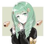  1girl bow chocolate_cornet closed_mouth fire_emblem fire_emblem:_three_houses flayn_(fire_emblem) food garreg_mach_monastery_uniform green_eyes green_hair hair_ornament long_hair long_sleeves menoko simple_background smile solo uniform upper_body 