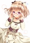  1girl adjusting_eyewear bangs black_bow black_choker black_ribbon blush bow brown_dress brown_hair choker collarbone commentary_request dress eyebrows_visible_through_hair flying_sweatdrops frilled_dress frills glasses hair_ribbon hands_up highres iijima_yun juliet_sleeves long_sleeves looking_at_viewer new_game! open_mouth puffy_sleeves red-framed_eyewear ribbon solo two_side_up violet_eyes zenon_(for_achieve) 