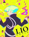  1boy black_jacket character_name fire from_behind gloves green_hair half_gloves highres jacket juu_satoshi lio_fotia male_focus multicolored_hair pink_fire promare sidelocks solo two-tone_hair 