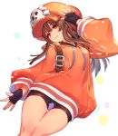  1girl :3 bike_shorts black_gloves blush brown_hair closed_mouth commentary_request fingerless_gloves gloves guilty_gear guilty_gear_2020 hat long_hair long_sleeves looking_at_viewer may_(guilty_gear) orange_eyes orange_headwear oro_(sumakaita) skull_and_crossbones smile solo thighs white_background 
