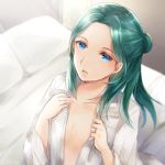  1boy ayame_(norie11) bed blue_eyes fire_emblem fire_emblem:_three_houses hair_bun jewelry linhardt_von_hevring long_hair open_clothes open_mouth open_shirt pillow ring solo sparkle upper_body 