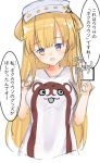  1girl blonde_hair blue_eyes bokukawauso commentary_request double_bun fletcher_(kantai_collection) hairband kagura_miyabi kantai_collection long_hair looking_at_viewer shirt simple_background smile solo t-shirt translation_request upper_body white_background white_shirt 
