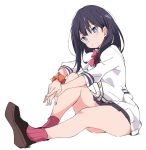  1girl black_hair black_skirt blue_eyes blush bow bowtie brown_footwear cardigan ixy legs long_sleeves looking_at_viewer orange_scrunchie pink_neckwear scrunchie shoes short_hair simple_background sitting skirt solo ssss.gridman takarada_rikka thighs white_background white_cardigan wrist_scrunchie 