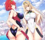  2girls ass ass_visible_through_thighs bangs bare_shoulders black_swimsuit blue_sky blush breasts closed_mouth clouds commentary_request covered_navel eyebrows_visible_through_hair from_behind headpiece highres mythra_(xenoblade) pyra_(xenoblade) large_breasts looking_at_viewer multiple_girls navel noeomi outdoors partially_submerged redhead see-through sideboob sky smile standing swept_bangs swimsuit thighs tiara water xenoblade_(series) xenoblade_2 yellow_eyes 