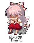  1girl bangs bow chibi chinese_commentary chinese_text commentary_request fujiwara_no_mokou full_body hair_bow long_hair lowres pants pink_hair red_footwear red_pants rock shaded_face shangguan_feiying shirt shoes sidelocks simple_background sitting solo suspenders touhou translated very_long_hair white_background white_bow white_shirt 