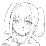  1girl :d ahoge bangs bare_shoulders blush collarbone eyebrows_visible_through_hair fang greyscale hair_between_eyes makaino_ririmu monochrome nijisanji off-shoulder_shirt off_shoulder open_mouth pointy_ears seramikku shirt sidelocks simple_background smile solo twintails upper_body virtual_youtuber white_background 