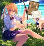  3girls amatani_mutsu arrow bare_legs beach blonde_hair blue_eyes blue_skirt bow bow_(weapon) bowtie clouds day kneehighs kujou_shion leaf long_hair looking_at_viewer miniskirt multiple_girls ocean official_art onishima_homare open_mouth outdoors outstretched_arms pleated_skirt red_neckwear sagaraise scenery school_uniform shadow shirt skirt sleeves_rolled_up smile smoke sounan_desuka? tree tropical twintails upper_body weapon white_shirt 