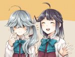  2girls ^_^ ahoge blue_neckwear blush bow bowtie braid brown_eyes closed_eyes dress gradient_hair grey_hair hair_over_eyes hair_ribbon hamanami_(kantai_collection) hayanami_(kantai_collection) kantai_collection long_hair long_sleeves looking_to_the_side miroku_san-ju multicolored_hair multiple_girls pleated_dress ponytail purple_dress purple_hair ribbon school_uniform shirt short_hair sidelocks simple_background single_braid two-tone_background upper_body white_shirt 