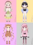  4girls :3 animal_band_legwear animal_ears bare_shoulders bear_ears bear_hat black_camisole black_gloves black_hair black_legwear blonde_hair blue_eyes blue_footwear blue_jacket blush_stickers boots bow braid brown_flower brown_footwear brown_hair brown_headwear brown_jacket brown_legwear brown_sweater camisole closed_mouth covered_mouth cross-laced_footwear denim earrings eyebrows_visible_through_hair fake_animal_ears fishnets flower fur-trimmed_sleeves fur_collar fur_trim gloves green_bow green_eyes green_skirt hair_bow hair_flower hair_ornament hair_ribbon hairband hands_on_hips hat hat_bow heart highres holding holding_flower hoop_earrings ie_(nyj1815) jacket jeans jewelry knee_boots lace-up_boots long_hair long_sleeves looking_at_viewer low_twintails multiple_girls navel off-shoulder_shirt off_shoulder open_clothes open_jacket original own_hands_together pants pantyhose pink_coat pink_flower pink_footwear pink_headwear red_eyes ribbed_sweater ribbon sandals see-through shirt shoes short_hair skirt smile standing sweater thigh-highs thighhighs_under_boots turtleneck turtleneck_sweater twin_braids twintails twitter_username very_long_hair watermark wavy_hair web_address white_pants white_ribbon white_shirt wide_sleeves yellow_eyes 