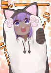  +_+ 1girl :d animal_costume animal_ears animal_hood arms_up bangs blush cat_costume cat_ears cat_hood dark_skin drawstring eyebrows_visible_through_hair fake_animal_ears fate/prototype fate/prototype:_fragments_of_blue_and_silver fate_(series) hair_between_eyes hassan_of_serenity_(fate) hood hood_up i.u.y open_mouth purple_hair round_teeth smile solo teeth translated upper_teeth v-shaped_eyebrows violet_eyes 