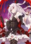  1girl alternate_costume azur_lane bangs bare_shoulders black_dress black_legwear breasts closed_mouth commentary_request corset detached_sleeves dress frilled_skirt frilled_sleeves frills from_below garter_straps hair_between_eyes hair_ribbon highres long_hair marshall2033 night night_sky red_eyes ribbon sidelocks skirt sky slit_pupils small_breasts smile smirk solo thigh-highs two_side_up vampire_(azur_lane) white_hair wide_sleeves 