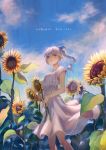  1girl bare_legs blue_eyes bow braid breasts clouds cloudy_sky cowboy_shot day dress eyebrows_visible_through_hair field flower flower_field full_metal_panic! hair_bow highres lorein medium_breasts medium_hair outdoors parted_lips ponytail short_sleeves silver_hair sky solo sunflower teletha_testarossa white_dress 