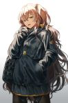  1girl :d alternate_costume bangs blush brown_hair cowboy_shot girls_frontline gloves gradient gradient_background hair_between_eyes hand_in_pocket jacket long_hair looking_at_viewer one_side_up open_mouth pantyhose pleated_skirt silence_girl simple_background skirt sleeves_past_wrists smile ump45_(girls_frontline) yellow_eyes 