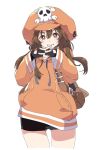  1girl anchor anchor_symbol backpack bag bangs bike_shorts black_gloves blush brown_eyes brown_hair fingerless_gloves gloves grin guilty_gear guilty_gear_2020 hat hood hoodie interlocked_fingers ixy long_hair long_sleeves may_(guilty_gear) orange_headwear orange_hoodie skull skull_and_crossbones smile solo teeth 