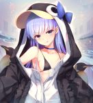  1girl :q animal_hood bangs bare_shoulders bikini black_bikini black_jacket blue_bow blue_choker blue_eyes blue_hair blush bow breasts choker collarbone commentary_request emperor_penguin eyebrows_visible_through_hair fate/grand_order fate_(series) head_tilt highres hinooka_shuuji hood hooded_jacket jacket long_hair long_sleeves looking_at_viewer meltryllis off_shoulder penguin_hood small_breasts smile solo swimsuit tongue tongue_out upper_body v-shaped_eyebrows white_jacket 