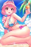  1girl ahoge arm_support bangle bangs bare_shoulders barefoot bikini blue_bikini_top blue_sky bracelet breasts choker clouds crazy_straw cup day drink drinking_straw eyebrows_visible_through_hair fang food frilled_bikini frills fruit hair_between_eyes hair_intakes hand_up heart heart_straw highres holding holding_cup hrtyuk idolmaster idolmaster_cinderella_girls jewelry large_breasts lei looking_at_viewer multicolored multicolored_bikini multicolored_clothes navel ocean open_mouth orange orange_slice outdoors palm_tree pink_choker raised_eyebrows shiny shiny_hair short_hair sitting sky smile solo strap_gap sunlight swimsuit thighs tongue tree water yellow_frills yumemi_riamu 