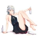  1girl an-94_(girls_frontline) aqua_eyes bangs bare_shoulders barefoot belt black_dress blush bottle breasts c.rabbit closed_mouth dress folded_ponytail girls_frontline highres legs legs_up long_hair looking_at_viewer medium_breasts sidelocks silver_hair simple_background sitting smile solo white_background 