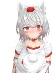  1girl absurdres animal_ear_fluff animal_ears blush breasts collarbone detached_sleeves eyebrows_visible_through_hair hat highres inubashiri_momiji large_breasts looking_at_viewer pom_pom_(clothes) red_eyes ribbon-trimmed_sleeves ribbon_trim risiyun shirt short_hair silver_hair simple_background solo touhou turtleneck white_background white_shirt wolf_ears 