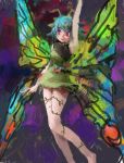  1girl arm_up blue_hair butterfly_wings dress eternity_larva green_dress highres leaf plant red_eyes touhou vines wings 