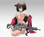  1girl animal_ears ar-15 bangs bare_shoulders barefoot bell bell_choker bikini black_hair blush bob_cut breasts brown_eyes cat_ears cat_girl cat_tail choker clenched_teeth collarbone gun hair_between_eyes hair_ornament hairclip halter_top halterneck holding holding_gun holding_weapon ihobus jacket jingle_bell kneeling long_sleeves looking_at_viewer medium_breasts navel off_shoulder open_clothes open_jacket original parted_lips paw_print red_jacket red_nails rifle scope simple_background solo stomach swimsuit tail teeth weapon white_bikini 
