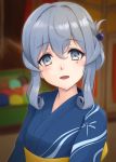  1girl :d alternate_costume blue_hair blue_kimono blurry blurry_background eyebrows_visible_through_hair gotland_(kantai_collection) highres japanese_clothes kantai_collection kimono long_hair looking_at_viewer mmt_uf mole mole_under_eye open_mouth sidelocks smile solo upper_body yukata 