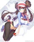  1girl black_legwear blue_eyes blue_footwear blush breasts brown_hair closed_mouth double_bun eyebrows_visible_through_hair holding holding_poke_ball hong_(white_spider) large_breasts legwear_under_shorts long_hair mei_(pokemon) pantyhose patreon_username poke_ball pokemon pokemon_(game) pokemon_bw2 raglan_sleeves shoes shorts smile solo twintails visor_cap yellow_shorts zoom_layer 