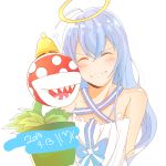  1girl ahoge bell bellringer_angel blue_hair blush closed_eyes dated dress drizzleri error facing_viewer flower_pot hair_between_eyes halo halterneck heart highres long_hair super_mario_bros. open_mouth piranha_plant plant shadowverse sharp_teeth simple_background sketch smile super_mario_bros. teeth venus_flytrap white_background white_dress 