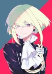  1boy earrings frilled_shirt_collar frills green_hair highres jewelry lio_fotia looking_at_viewer male_focus moegi0926 platinum_blonde_hair promare short_hair smile solo violet_eyes 