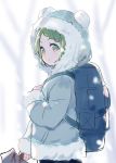  1girl :o animal_ears axe backpack bag bangs bare_tree bear_ears bear_hood blurry blurry_background blush braid commentary_request depth_of_field eyebrows_visible_through_hair fake_animal_ears fur-trimmed_hood fur-trimmed_jacket fur_trim green_eyes green_hair grey_jacket hand_up holding holding_axe hood hood_up hooded_jacket jacket long_sleeves looking_away looking_to_the_side meito_(maze) morinaka_kazaki nijisanji parted_bangs parted_lips snowing solo tree upper_body virtual_youtuber 