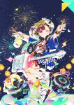  1girl arms_up blush brown_hair collar electric_guitar fireworks glasses guitar headphones hghrttm highres instrument multicolored multicolored_clothes multicolored_eyes original shoes 