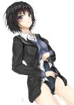  1girl :| amagami ass_visible_through_thighs black_hair blazer blush closed_mouth competition_swimsuit covered_navel dutch_angle jacket nanasaki_ai no_pants noir2more one-piece_swimsuit shirt_lift short_hair solo swimsuit swimsuit_under_clothes thighs uniform violet_eyes wedgie 