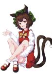  1girl absurdres animal_ears ass bow brown_hair cat_ears chen commentary_request dress highres long_sleeves looking_at_viewer open_mouth orange_bow orange_footwear red_dress red_footwear shoe_bow shoes short_hair simple_background sitting solo tail touhou white_background yeong 