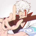  1boy blood blood_on_face blurry bokken depth_of_field fighting_stance gintama grin hadanugi_dousa juu_satoshi male_focus outstretched_hand popped_collar sakata_gintoki smile solo spiky_hair sword weapon white_hair wooden_sword 