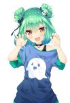  1girl 223_(pixiv332210012) :d absurdres alternate_costume bangs black_undershirt blue_ribbon blue_shirt blush claw_pose collar collarbone dot_nose double_bun earrings eyebrows_visible_through_hair fang flat_chest ghost_print green_hair hair_between_eyes hair_ornament hair_ribbon hands_up highres hololive jewelry layered_clothing looking_at_viewer medium_hair off_shoulder open_mouth print_shirt red_eyes ribbon shirt simple_background single_bare_shoulder skull_collar skull_earrings skull_hair_ornament smile solo t-shirt upper_body uruha_rushia virtual_youtuber white_background 