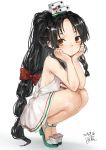  1girl alternate_costume black_hair blush brown_eyes cosplay dress full_body hair_ornament hair_ribbon hair_tie hat high_ponytail highres kantai_collection libeccio_(kantai_collection) libeccio_(kantai_collection)_(cosplay) long_hair looking_at_viewer mini_hat multi-tied_hair nisshin_(kantai_collection) red_ribbon ribbon sailor_dress shoes short_eyebrows sitting solo thick_eyebrows toka_(marchlizard) very_long_hair 